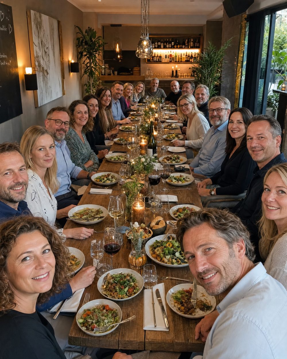 Unternehmerrunde an einer langen Tafel bei einem Netzwerkabend